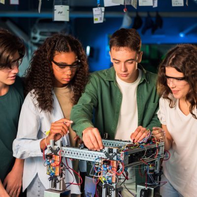 Group of young people doing experiments in robotics in a laboratory. Girls in protective glasses